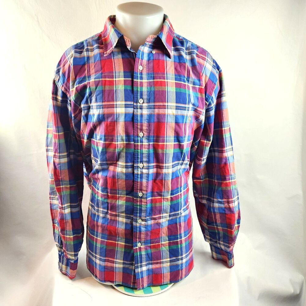 Ralph Lauren Shirt Mens 2XB Blue Button Down Plaid Flesh Pony Logo Big Preppy